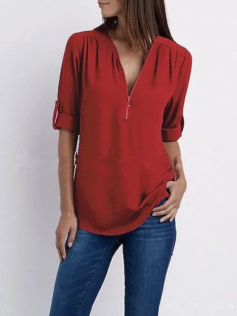 V Neck Zipper Women's Blouse Shirt for Summer