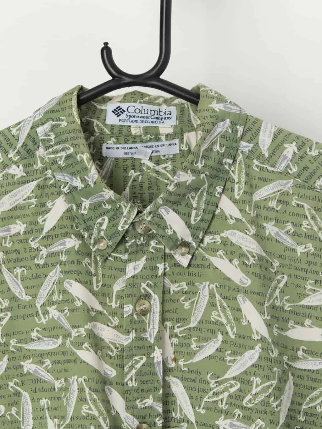 Vintage green shirt with fish hook pattern, short sleeves – 2XL