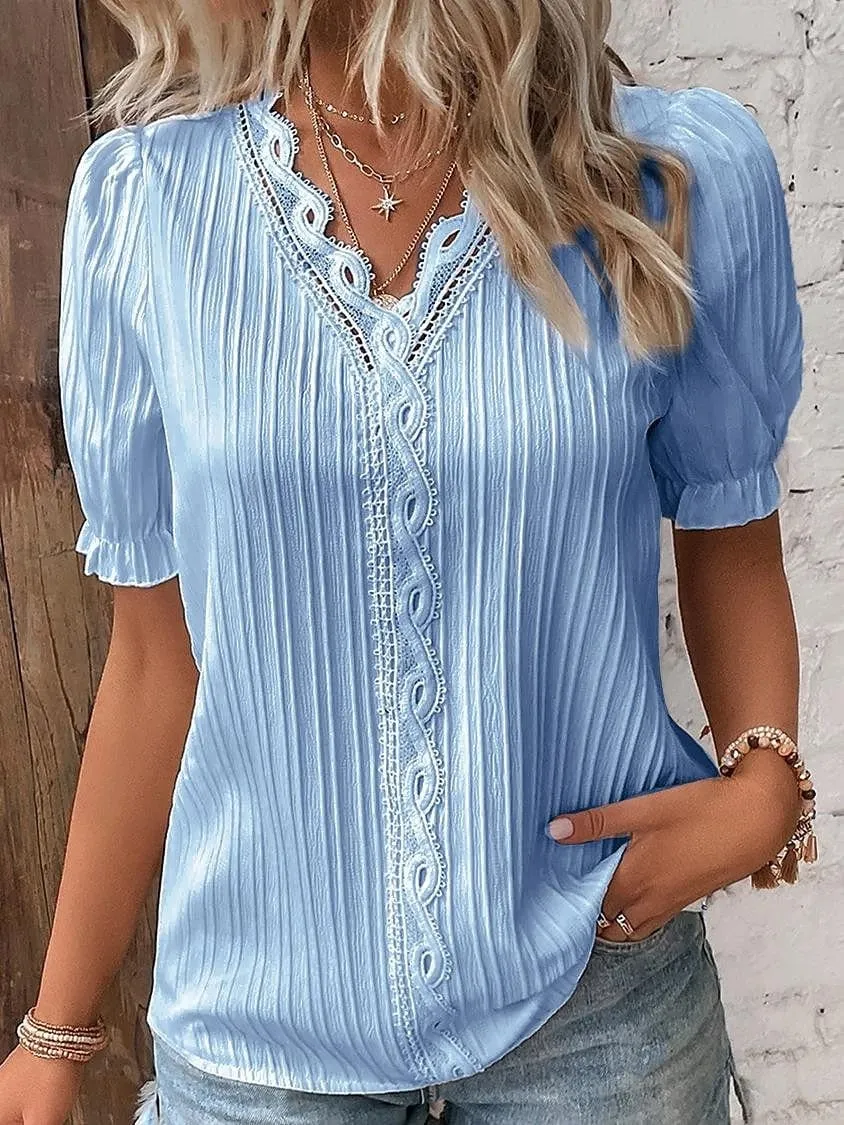 Vintage Lace Shirt Blouse for Women with Short Sleeves and V-Neck