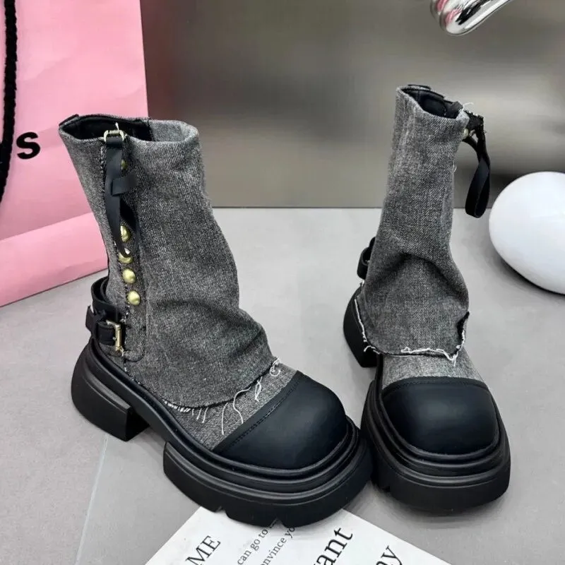 Women Flats Ankle Cowboy Chelsea Boots Winter Fad Platform Gladiator Goth Shoes 2023 New Chunky Motorcycle Botas Women Zapatos