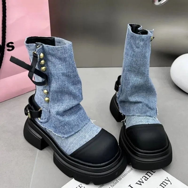 Women Flats Ankle Cowboy Chelsea Boots Winter Fad Platform Gladiator Goth Shoes 2023 New Chunky Motorcycle Botas Women Zapatos