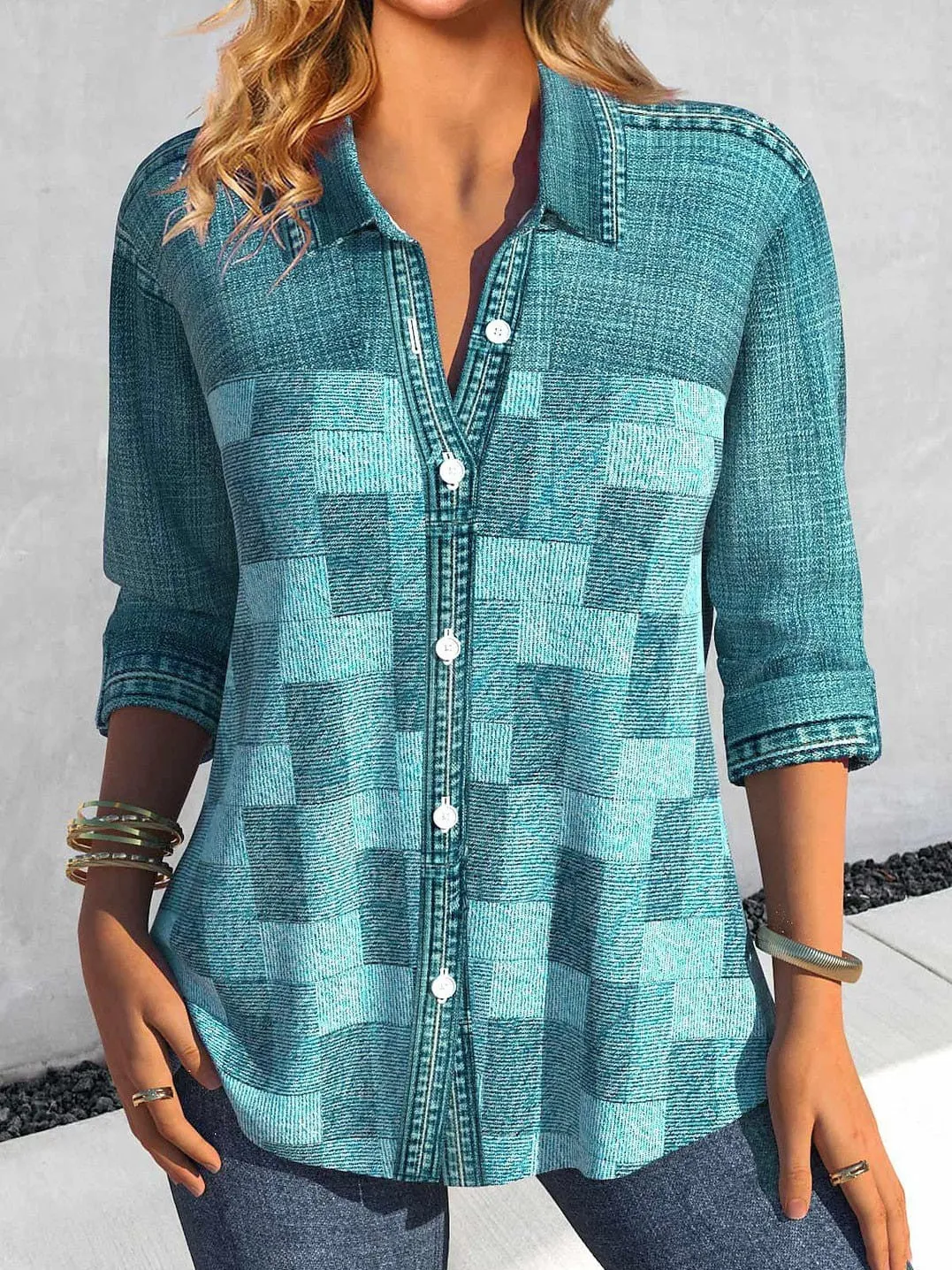 Women's Plaid Print Button-Up Shirt Blouse in Yellow, Blue, and Purple