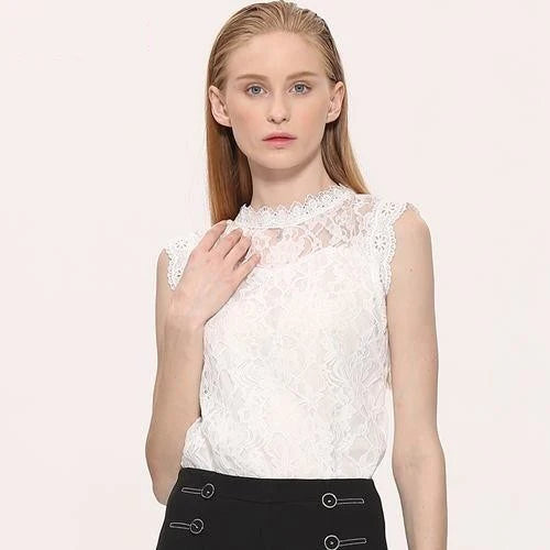 Women's Summer Style Lace Sleeveless Solid Hollow Out O-Neck Blouse