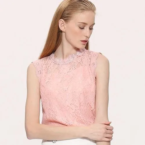 Women's Summer Style Lace Sleeveless Solid Hollow Out O-Neck Blouse