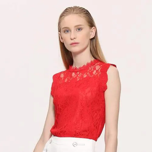 Women's Summer Style Lace Sleeveless Solid Hollow Out O-Neck Blouse