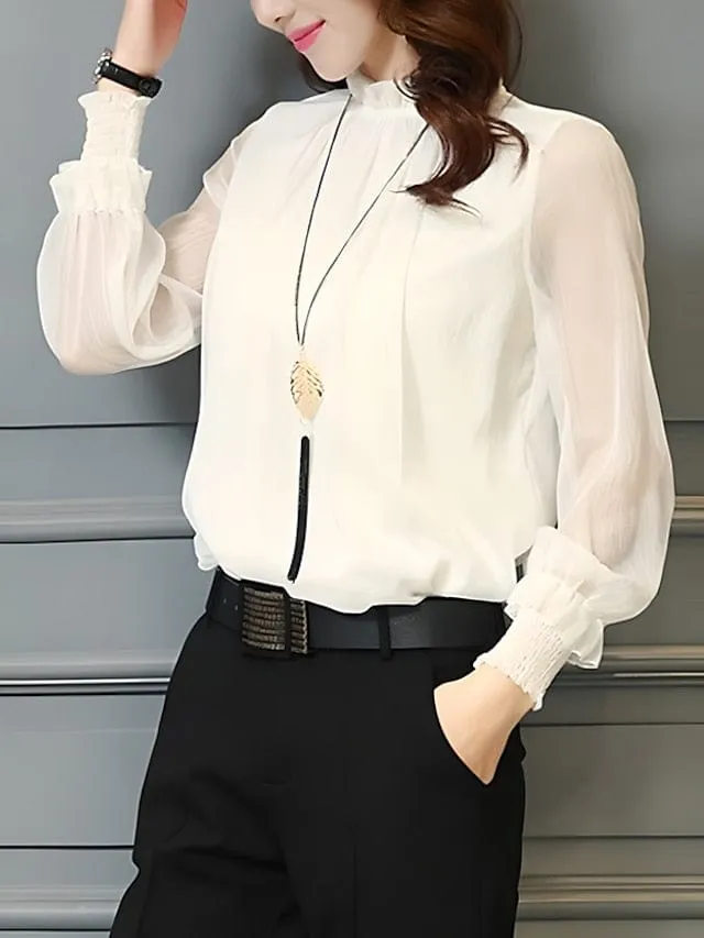 Women's Turtleneck Mesh Detail Shirt Blouse with Lantern Sleeves