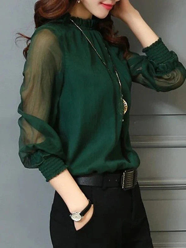 Women's Turtleneck Mesh Detail Shirt Blouse with Lantern Sleeves