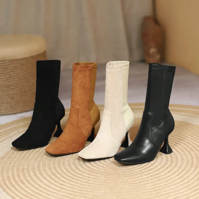 Women's Winter Elastic Flock Comfort Noble Ankle High Heels Sock Boots