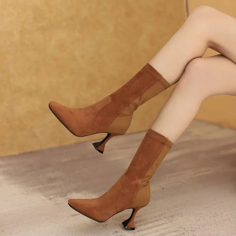 Women's Winter Elastic Flock Comfort Noble Ankle High Heels Sock Boots