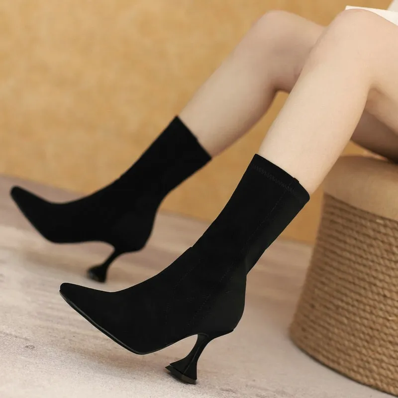 Women's Winter Elastic Flock Comfort Noble Ankle High Heels Sock Boots